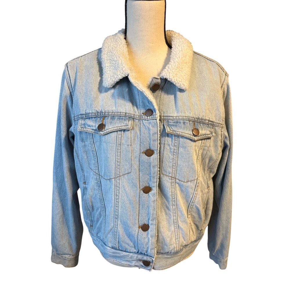 Trucker Jean Coat Sherpa-Lined Jacket Light Blue Ashley Vintage Charm Size XL